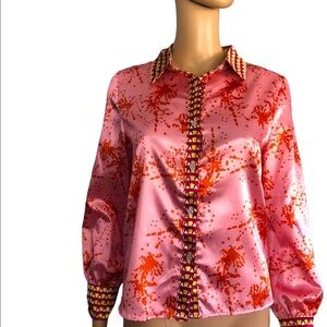 OrderPlus Pink Retro long sleeve button down silky blouse size medium